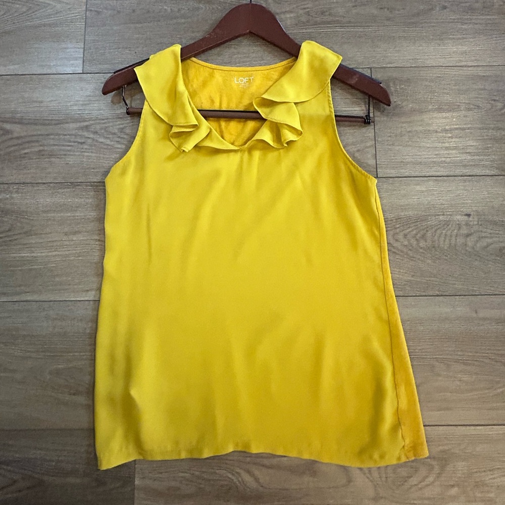 LOFT Outlet XS Mustard Yellow Sleeveless Ruffle Neck Blouse Top - Picture 1 of 7
